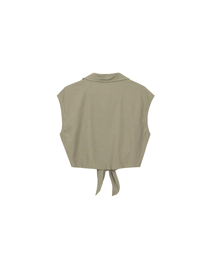 Button Down Collared Front Tie Sleeveless Cropped Shirt Top
