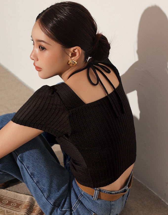 Textured Ruched Front Puff Sleeve Crop Top with Beaded Tie Straps