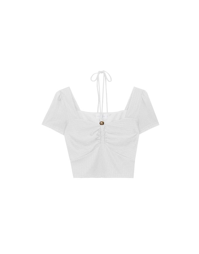 Textured Ruched Front Puff Sleeve Crop Top with Beaded Tie Straps