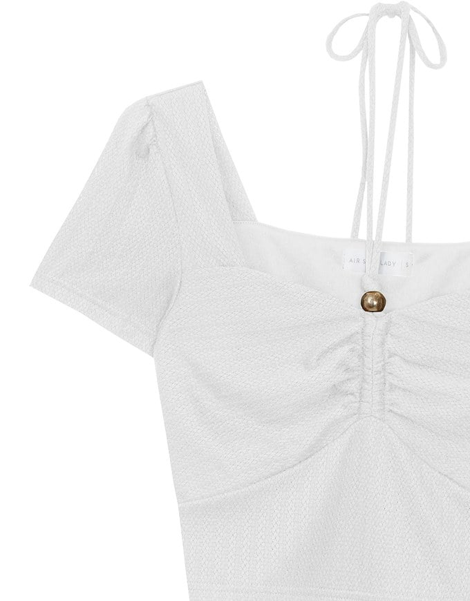 Textured Ruched Front Puff Sleeve Crop Top with Beaded Tie Straps