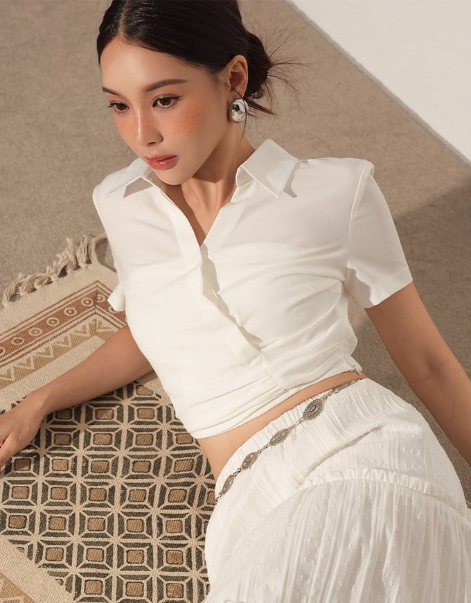 Side Ruched Wrap Crop Shirt with Collar Detail