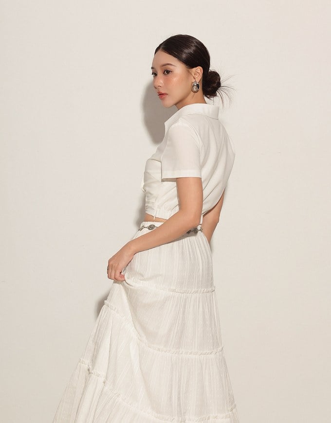 Side Ruched Wrap Crop Shirt with Collar Detail