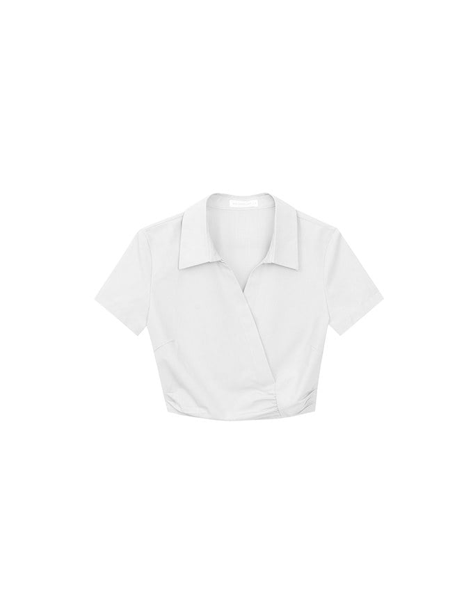 Side Ruched Wrap Crop Shirt with Collar Detail