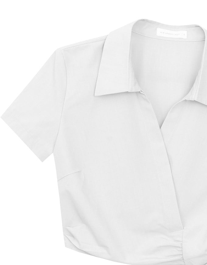 Side Ruched Wrap Crop Shirt with Collar Detail