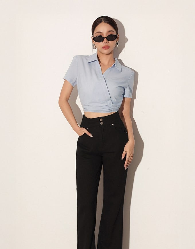 Side Ruched Wrap Crop Shirt with Collar Detail