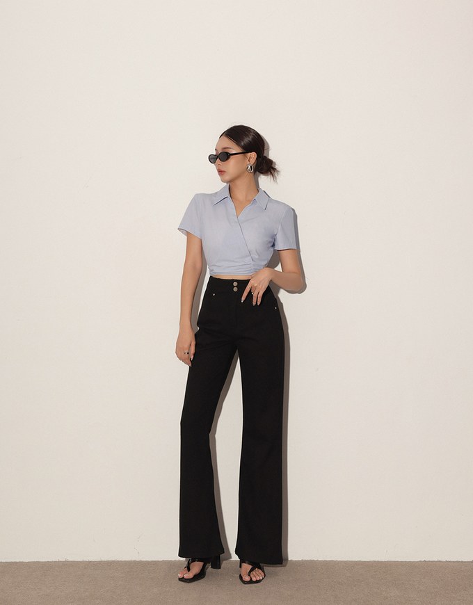 Side Ruched Wrap Crop Shirt with Collar Detail