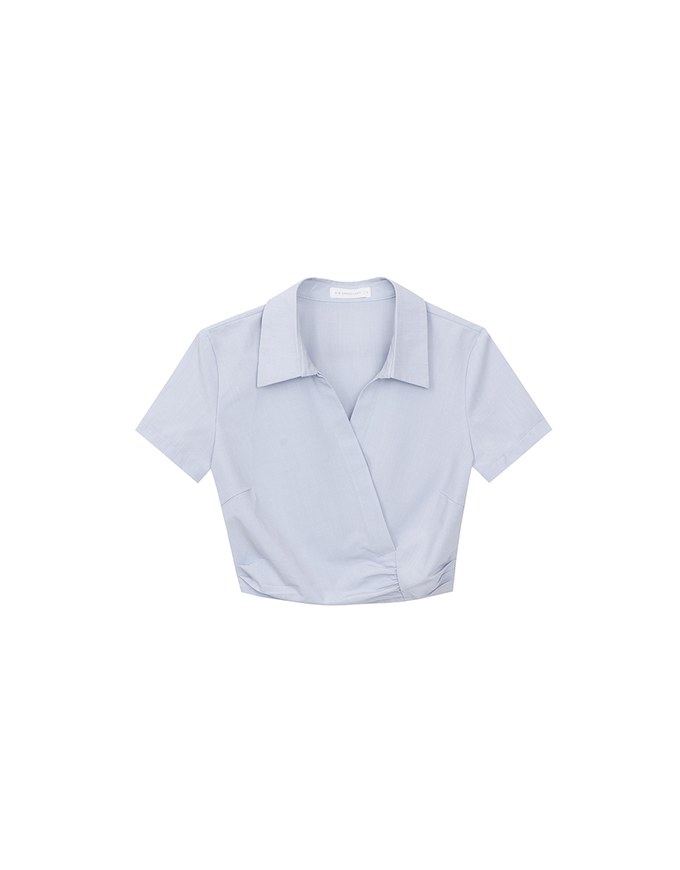 Side Ruched Wrap Crop Shirt with Collar Detail