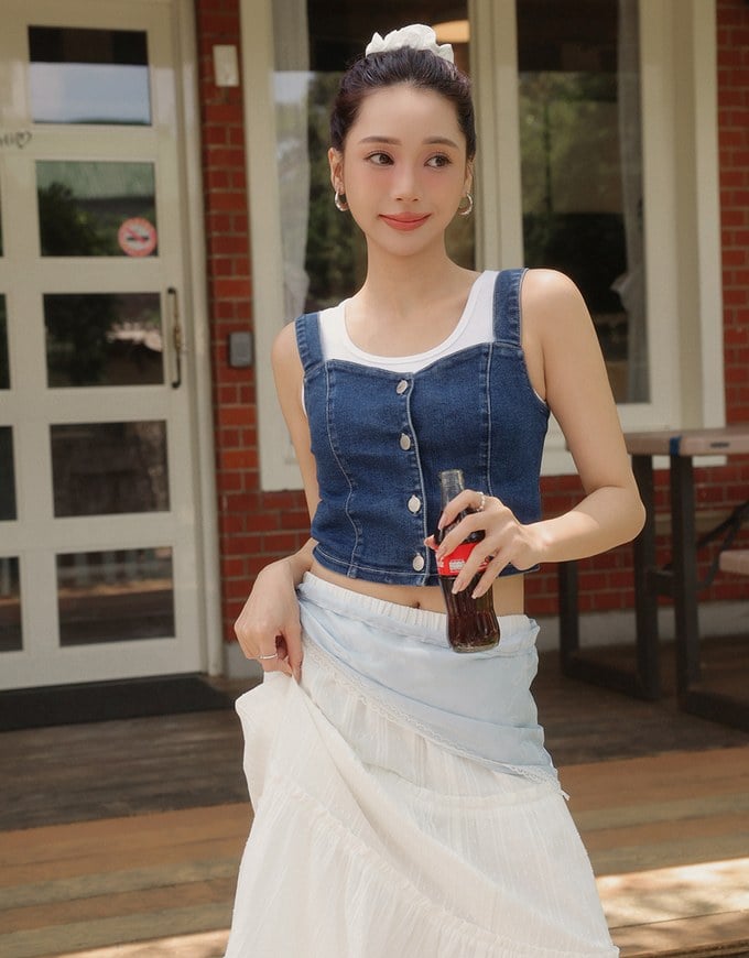 Cooling Jeans Denim Cropped Button Up Top with Stretch Back Detail
