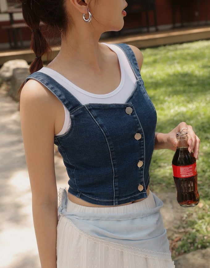 Cooling Jeans Denim Cropped Button Up Top with Stretch Back Detail