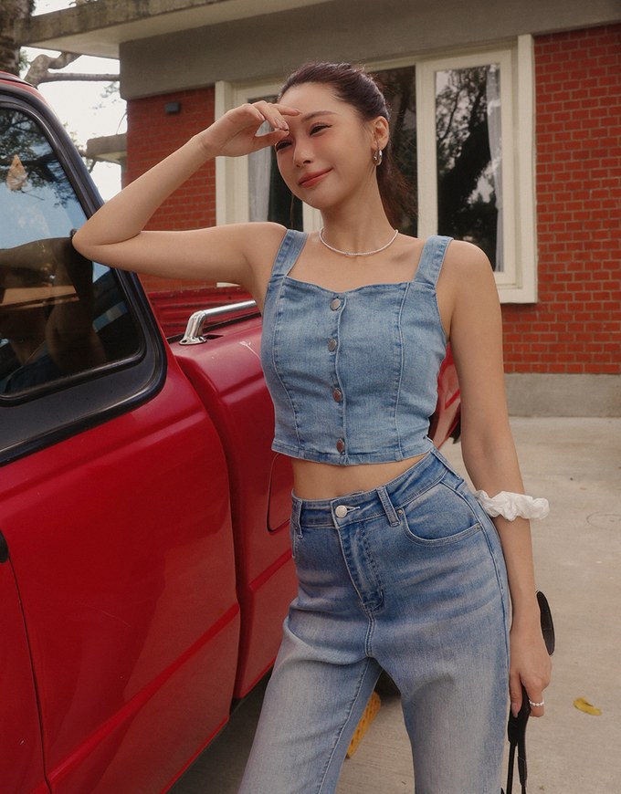 Cooling Jeans Denim Cropped Button Up Top with Stretch Back Detail