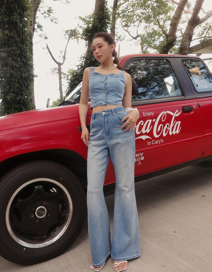 Cooling Jeans Denim Cropped Button Up Top with Stretch Back Detail