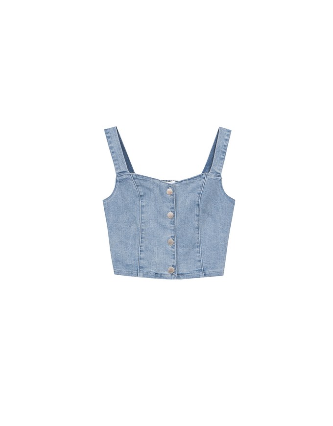 Cooling Jeans Denim Cropped Button Up Top with Stretch Back Detail