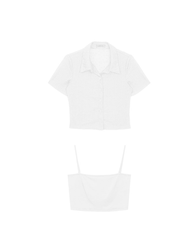 Sheer Floral Embroidered Short Sleeve Shirt and Spaghetti Strap Camisole Set Wear