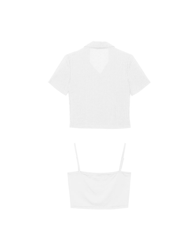 Sheer Floral Embroidered Short Sleeve Shirt and Spaghetti Strap Camisole Set Wear