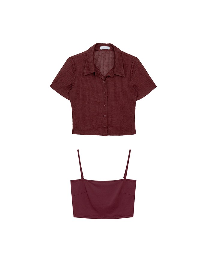 Sheer Floral Embroidered Short Sleeve Shirt and Spaghetti Strap Camisole Set Wear