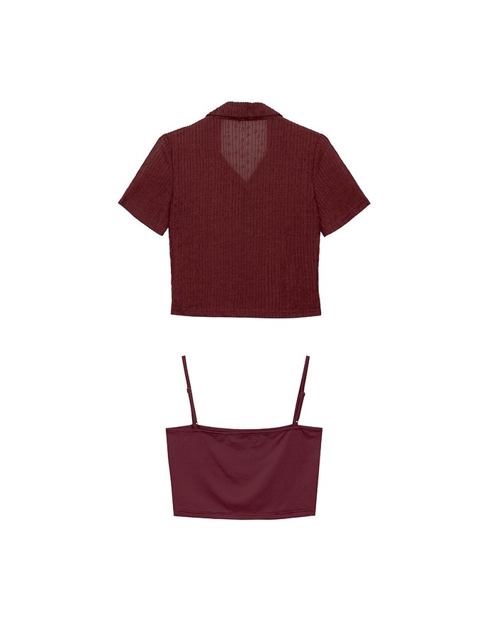 Sheer Floral Embroidered Short Sleeve Shirt and Spaghetti Strap Camisole Set Wear