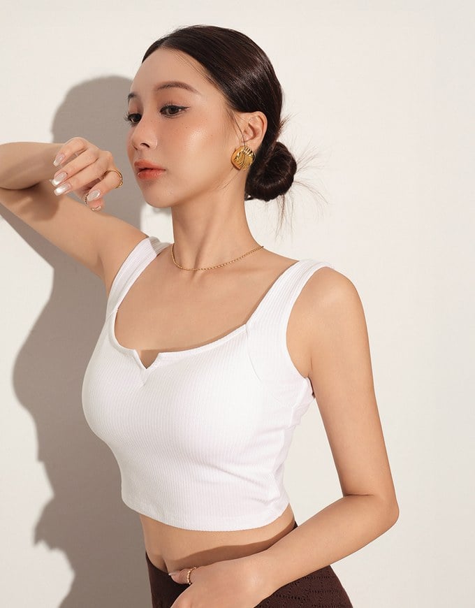Front V Notch Ribbed Knit Wide Strap Cropped Bra Top