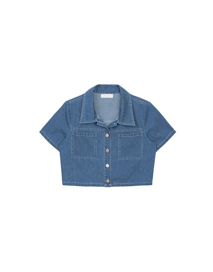 Casual Collared Cropped Jeans Denim Shirt Jacket with Front Flap Pockets