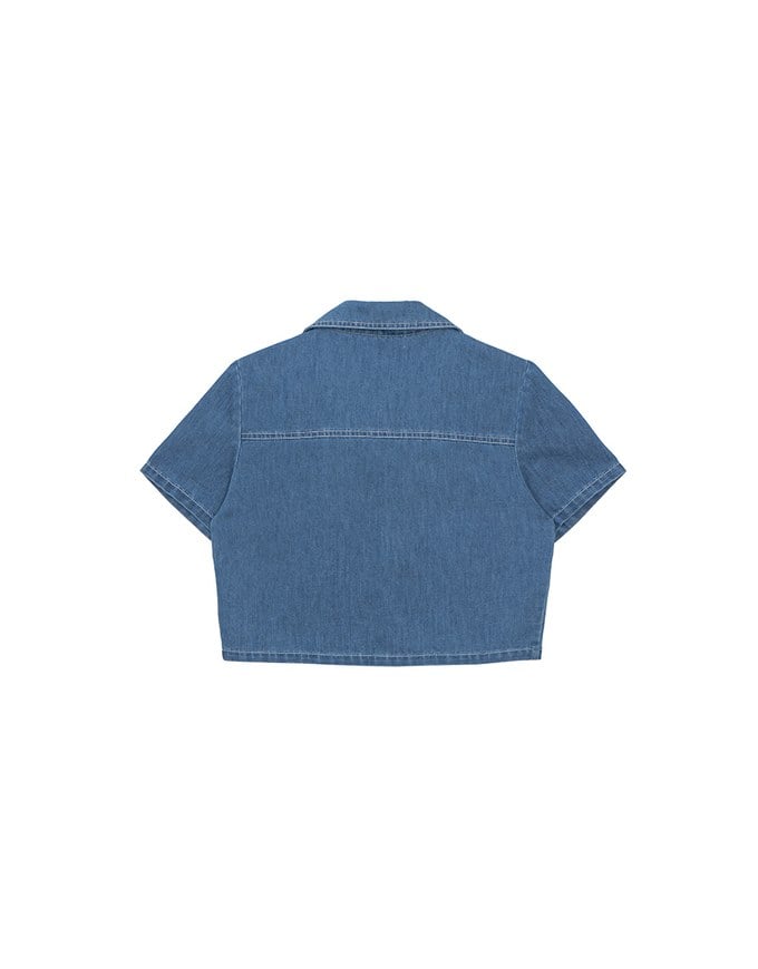 Casual Collared Cropped Jeans Denim Shirt Jacket with Front Flap Pockets