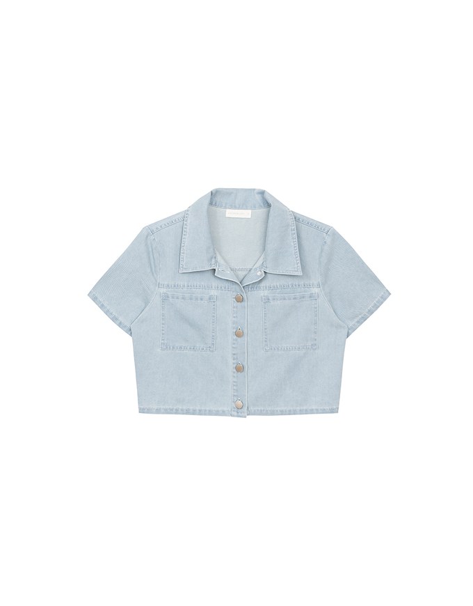 Casual Collared Cropped Jeans Denim Shirt Jacket with Front Flap Pockets