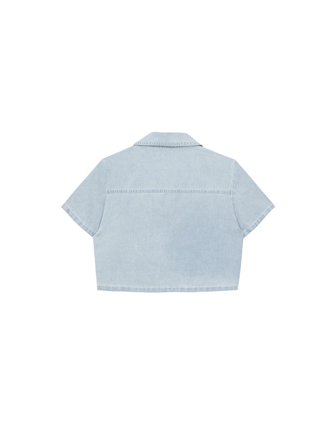 Casual Collared Cropped Jeans Denim Shirt Jacket with Front Flap Pockets