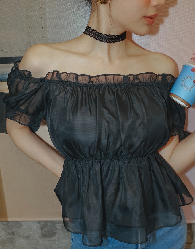 Off Shoulder Sheer Ruffle Chiffon Padded Top
