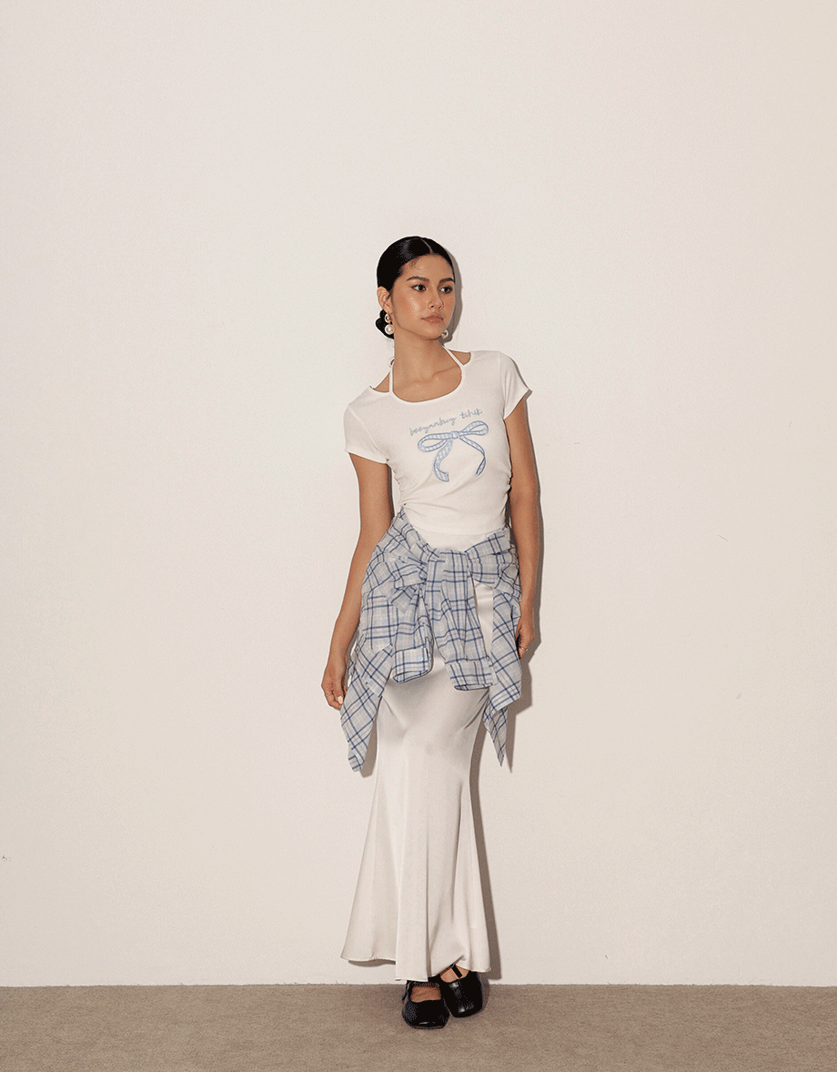 Gingham Bow Embroidery Ribbed Halter Tie Fitted Top
