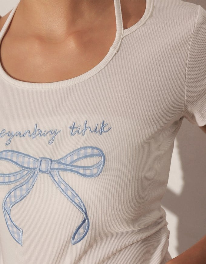 Gingham Bow Embroidery Ribbed Halter Tie Fitted Top