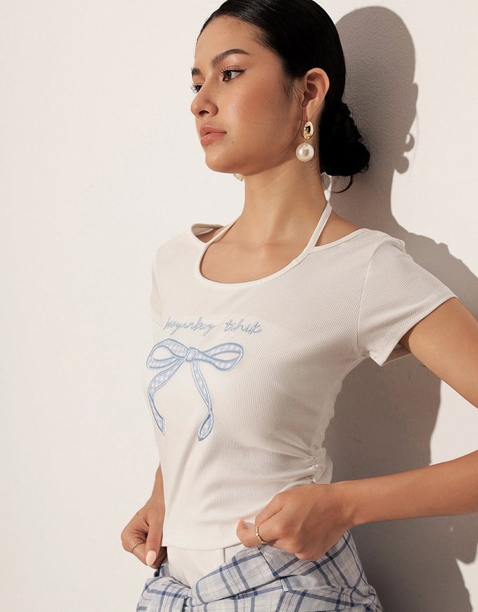 Gingham Bow Embroidery Ribbed Halter Tie Fitted Top