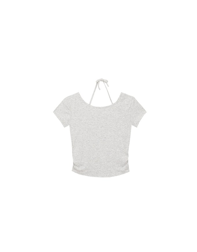 Gingham Bow Embroidery Ribbed Halter Tie Fitted Top