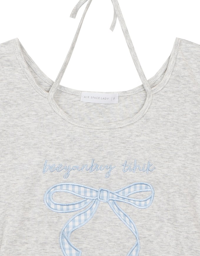 Gingham Bow Embroidery Ribbed Halter Tie Fitted Top