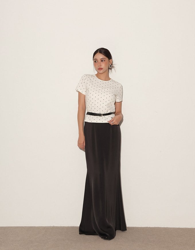 Classic Polka Dot Round Neck Fitted Knit Tee