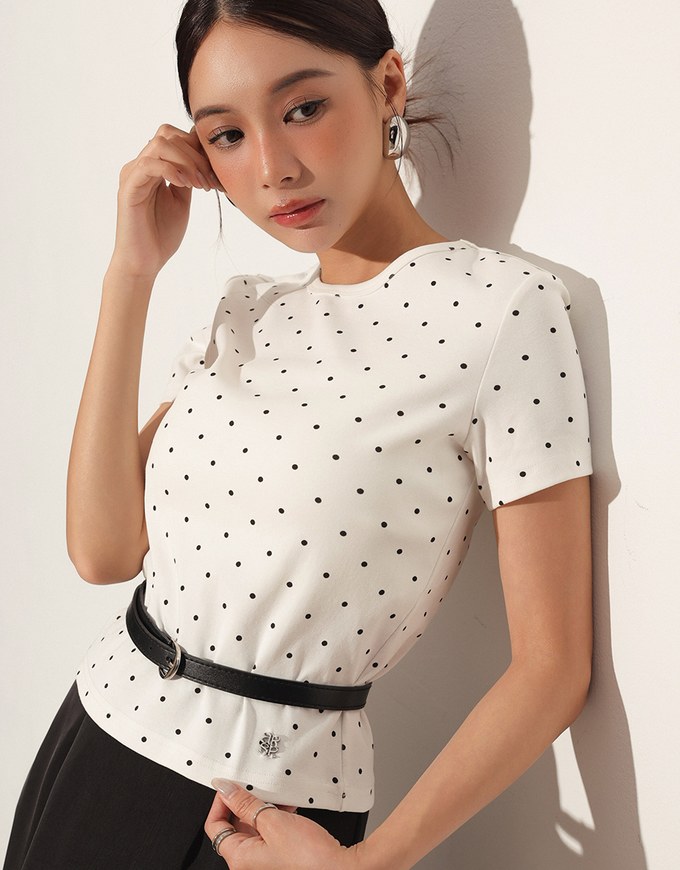 Classic Polka Dot Round Neck Fitted Knit Tee