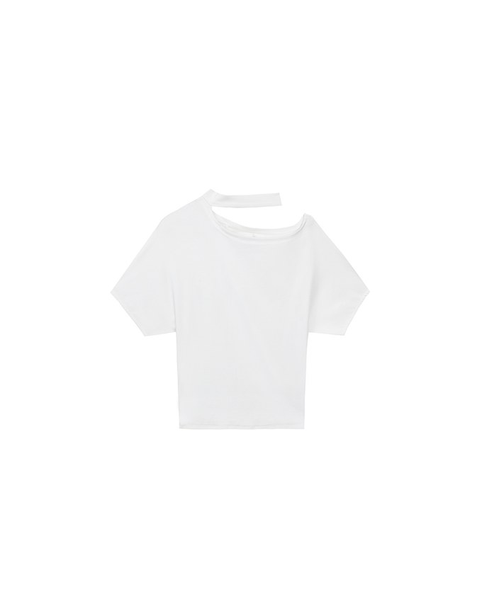 Mock Neck Asymmetric One Shoulder Knit Top with Detachable Pearl Neck Strap