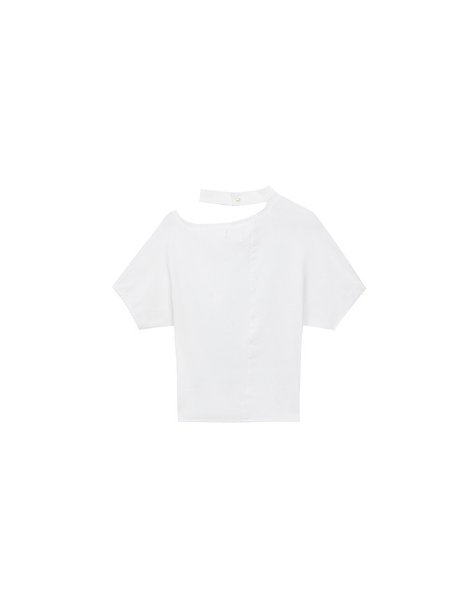 Mock Neck Asymmetric One Shoulder Knit Top with Detachable Pearl Neck Strap