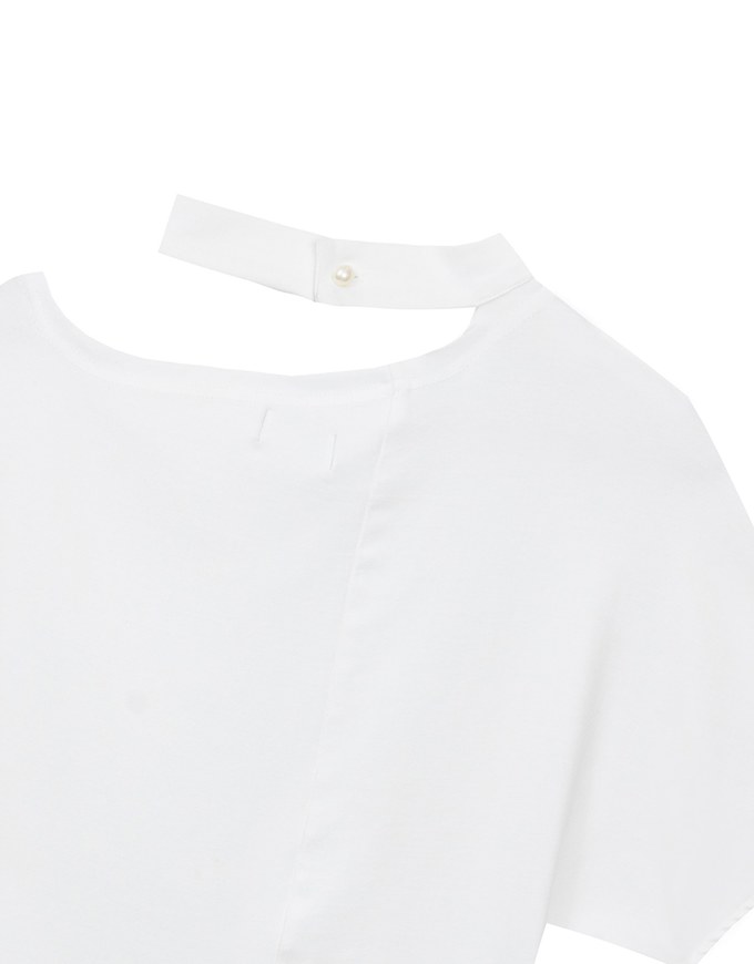 Mock Neck Asymmetric One Shoulder Knit Top with Detachable Pearl Neck Strap