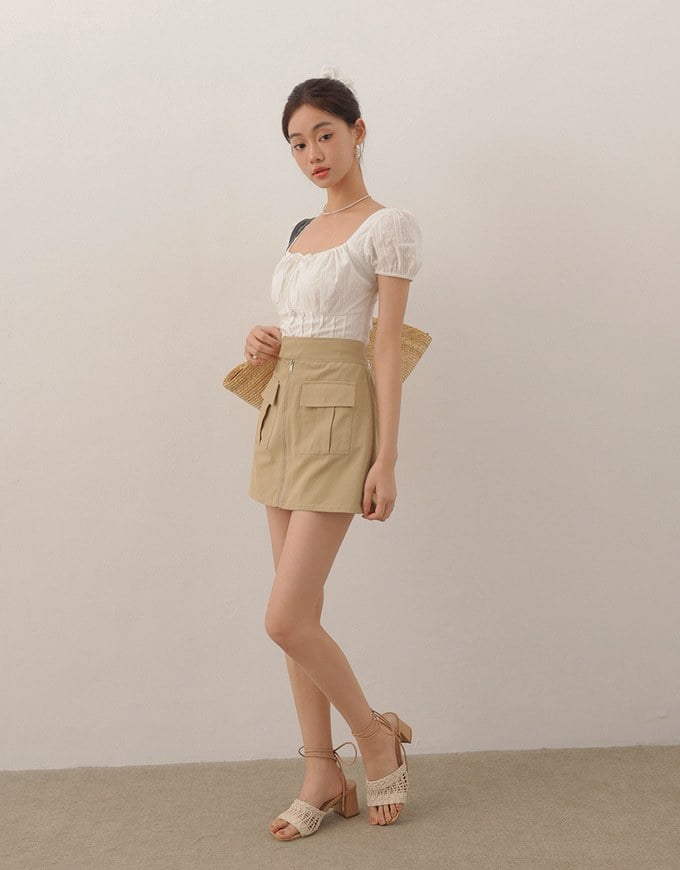 Front Zip Up A LineMini Skirt with Cargo Inspired Flap Pockets