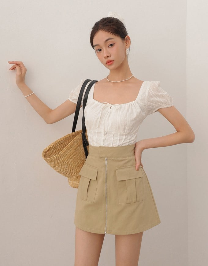 Front Zip Up A LineMini Skirt with Cargo Inspired Flap Pockets