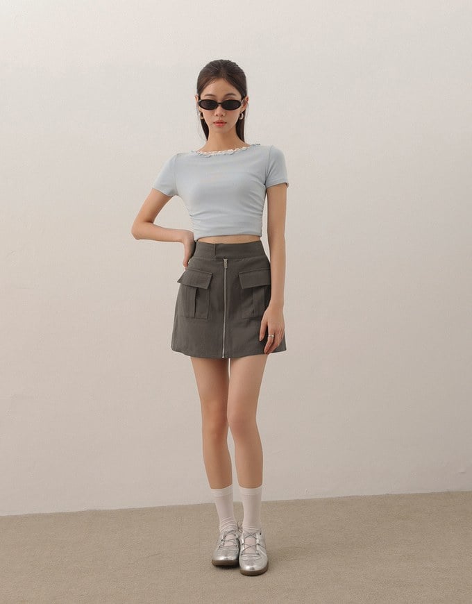 Front Zip Up A LineMini Skirt with Cargo Inspired Flap Pockets