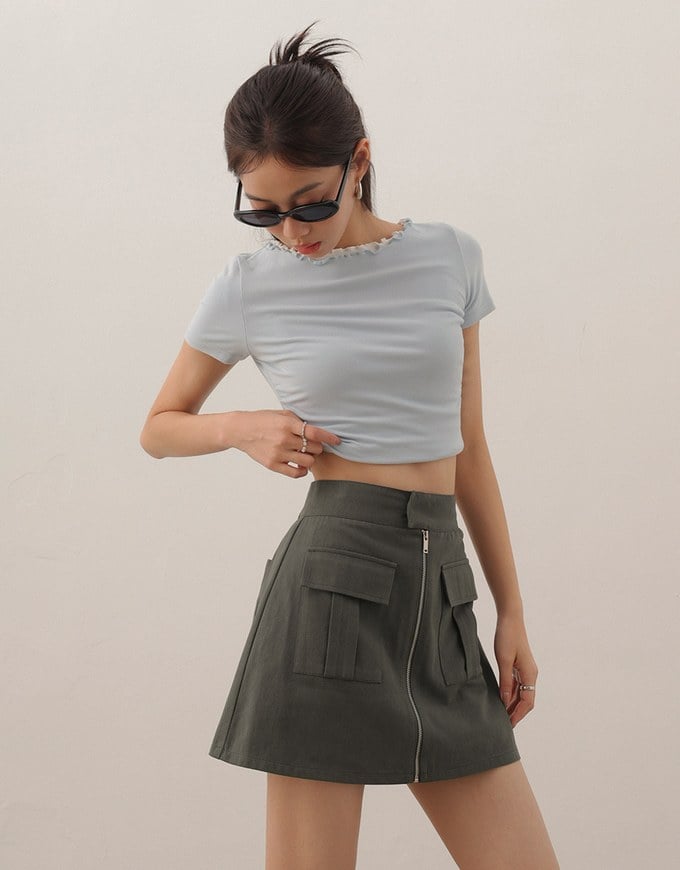 Front Zip Up A LineMini Skirt with Cargo Inspired Flap Pockets