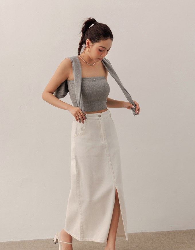 High Waist Jeans Denim Maxi Skirt with Front Slit Detail