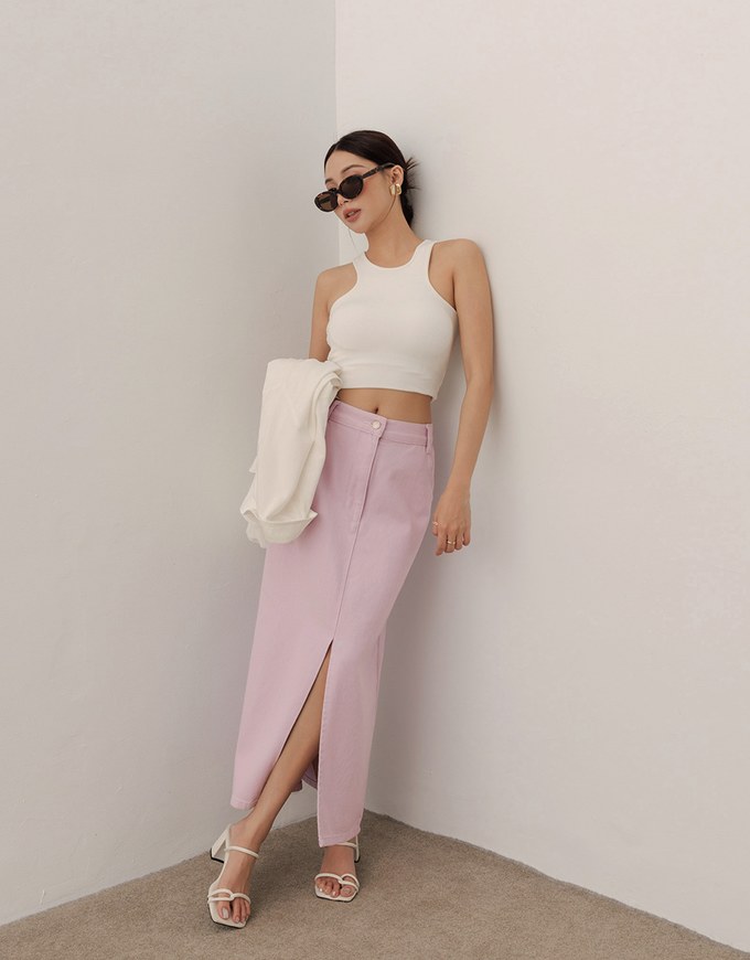 High Waist Jeans Denim Maxi Skirt with Front Slit Detail