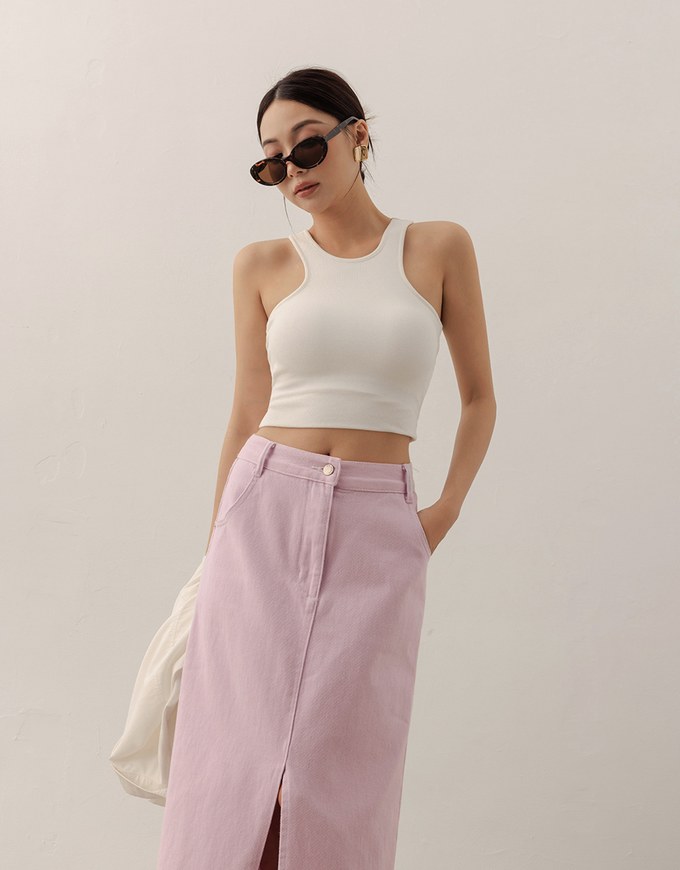 High Waist Jeans Denim Maxi Skirt with Front Slit Detail