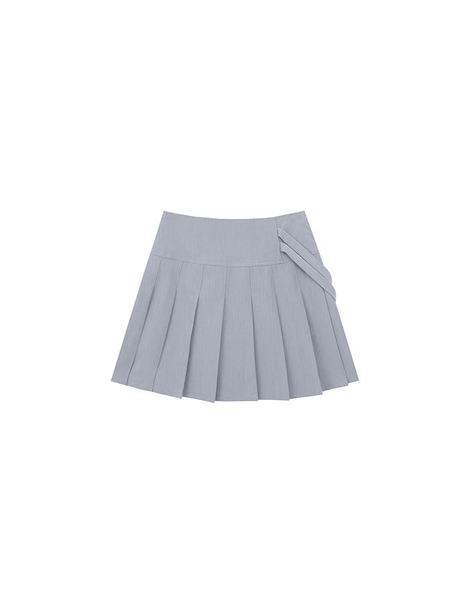High Waist Pleated A Line Mini Skirt with Double Side Buckle