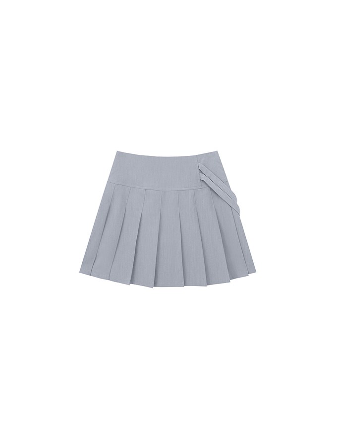 High Waist Pleated A Line Mini Skirt with Double Side Buckle
