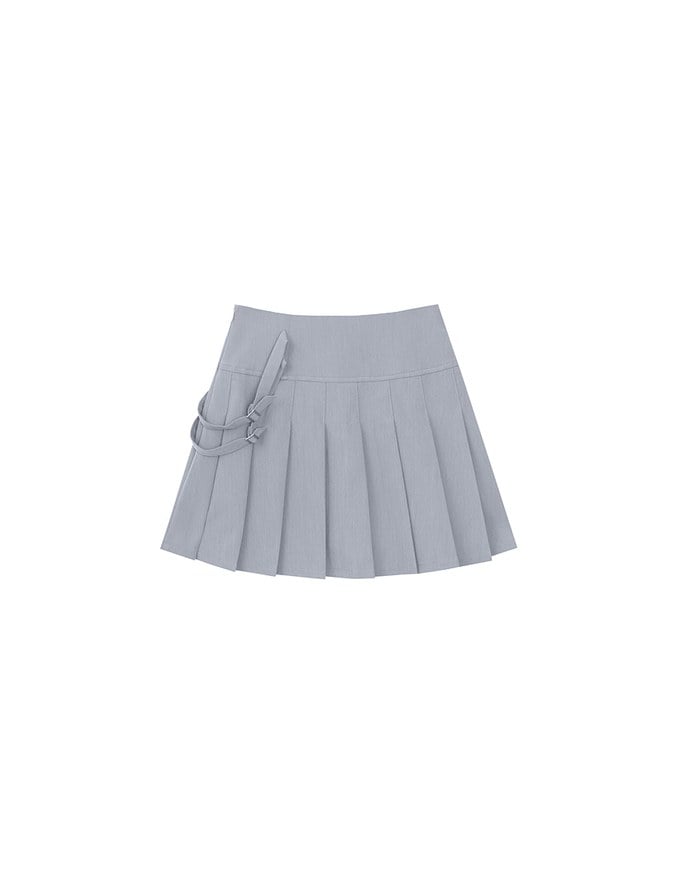 High Waist Pleated A Line Mini Skirt with Double Side Buckle