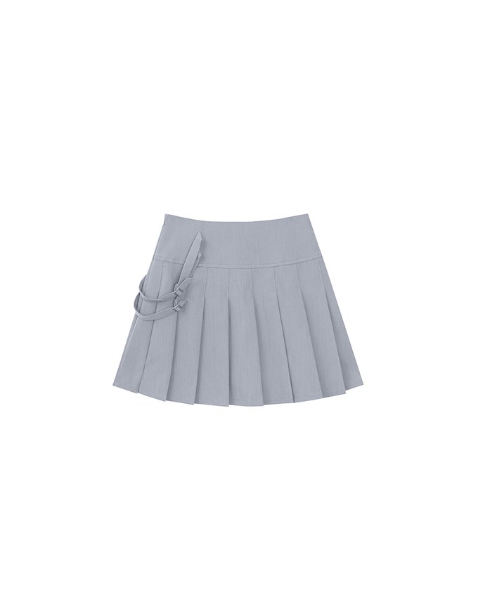 High Waist Pleated A Line Mini Skirt with Double Side Buckle