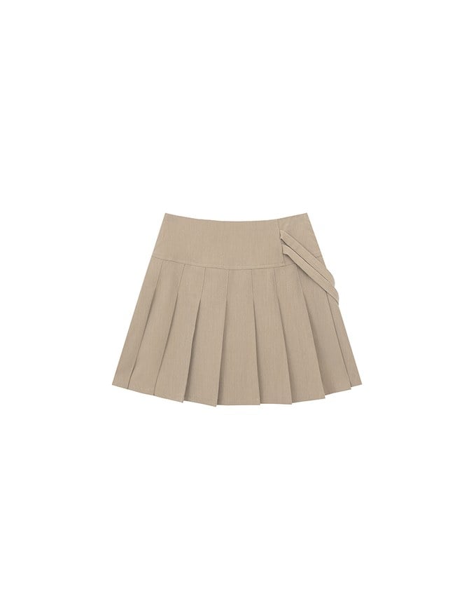 High Waist Pleated A Line Mini Skirt with Double Side Buckle