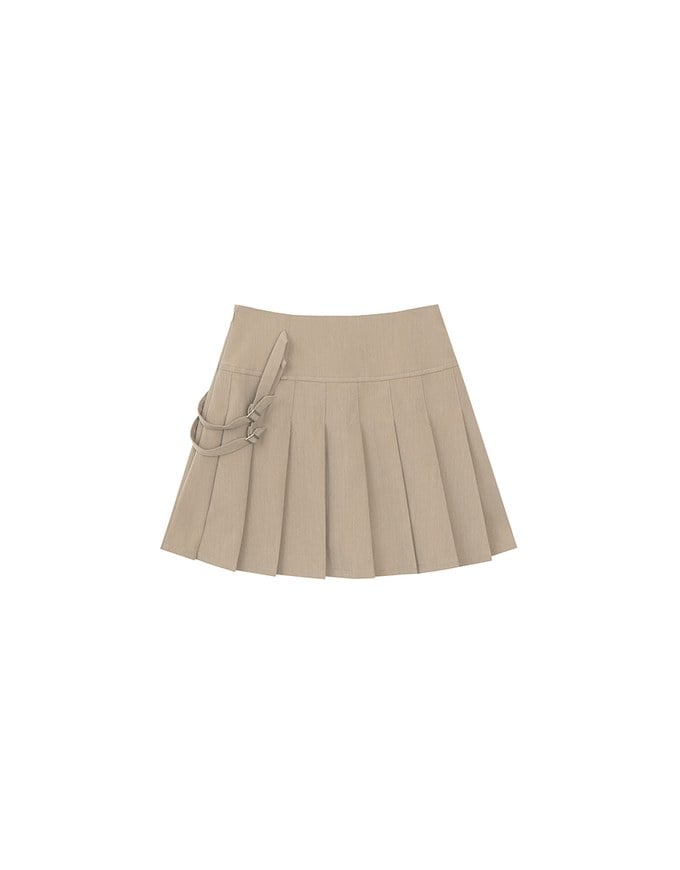 High Waist Pleated A Line Mini Skirt with Double Side Buckle