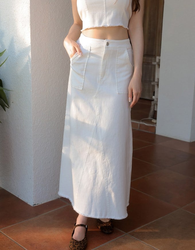 Raw Hem High Waist Front Pocket A Line Cargo Maxi Skirt